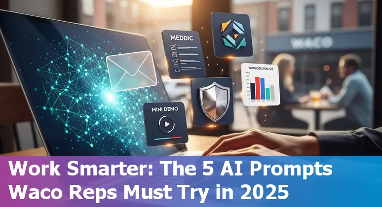 Sales professional in Waco using AI tools on laptop with Waco skyline in background