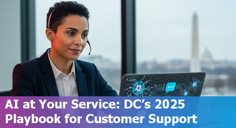 Customer service professional using AI tools in an office with Washington, DC skyline in the background, District of Columbia context.