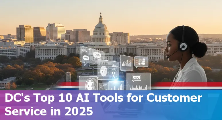 Customer service rep using AI tools on laptop with Washington, DC skyline in background