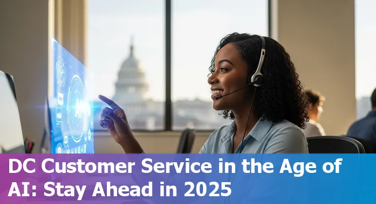Customer service agent with AI chatbot overlay in Washington, D.C., District of Columbia skyline in background