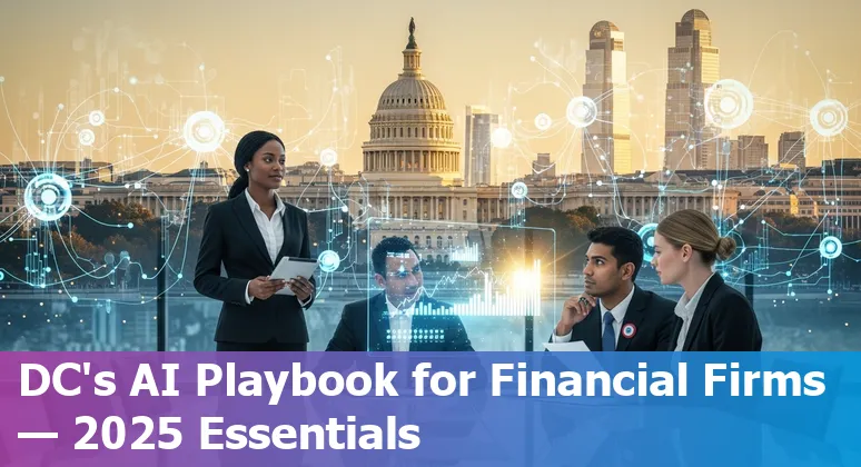 Illustration of AI in financial services with Washington, DC skyline, Capitol building, and fintech icons in 2025