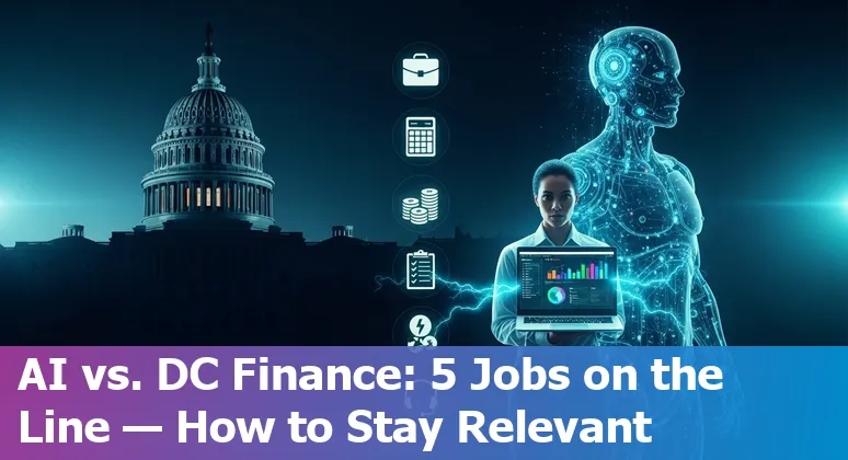 Finance professional using Power BI and AI tools in an office overlooking Washington, DC skyline