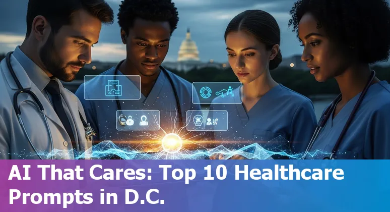 Illustration of AI in healthcare with Washington DC federal buildings background and icons for diagnostics, surveillance, and patient engagement.