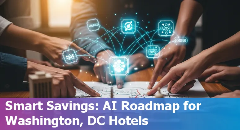 Hotel staff using AI dashboard and robots in a Washington, District of Columbia, US hotel lobby