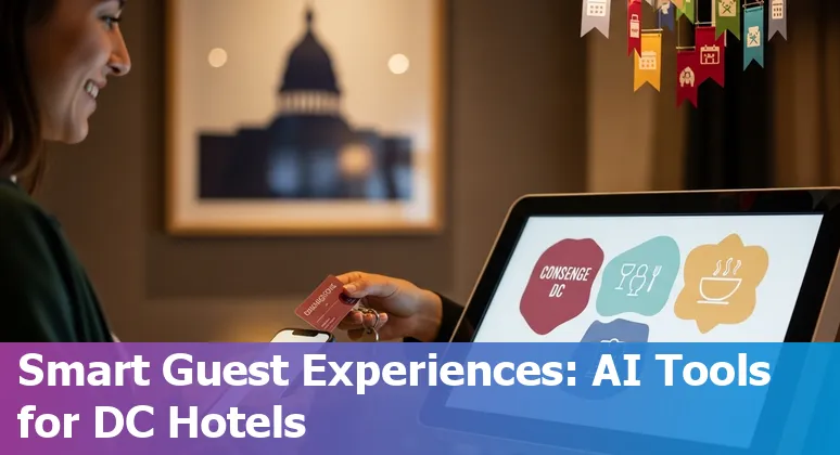 Washington, DC hospitality AI guide 2025: hotel lobby with AI tech and Destination AI Summit signage in Washington, DC.