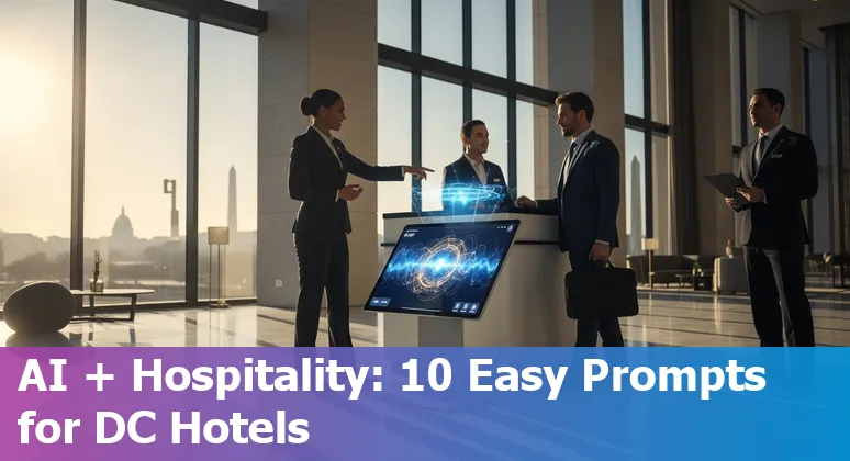 Hotel lobby staff using AI tools on a tablet with Washington, DC skyline visible outside the window