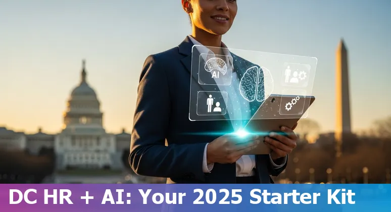HR professional using AI tools in an office with a Washington, DC skyline visible, District of Columbia, US.