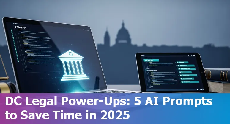 Lawyer using AI prompts on a laptop with Washington D.C. skyline in the background