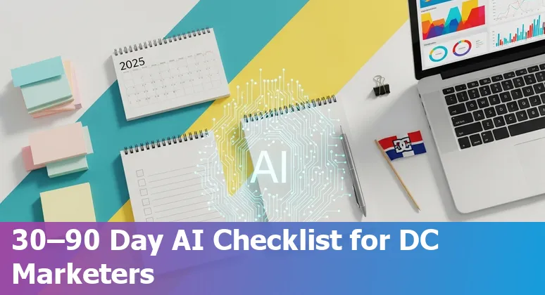 Marketing professional using AI tools in an office with a Washington, DC skyline view in 2025