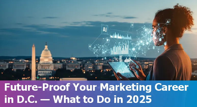 Marketing team using AI tools in an office with Washington, D.C., US landmarks visible — image for Washington, D.C., US article