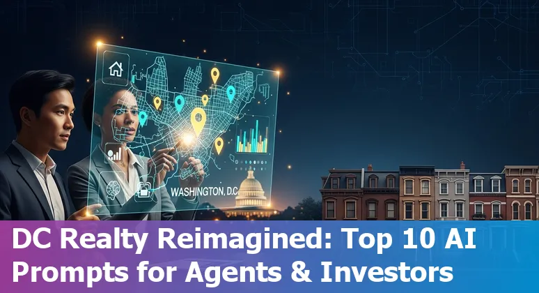 Real estate agent using AI on a laptop with Washington, D.C. skyline in the background
