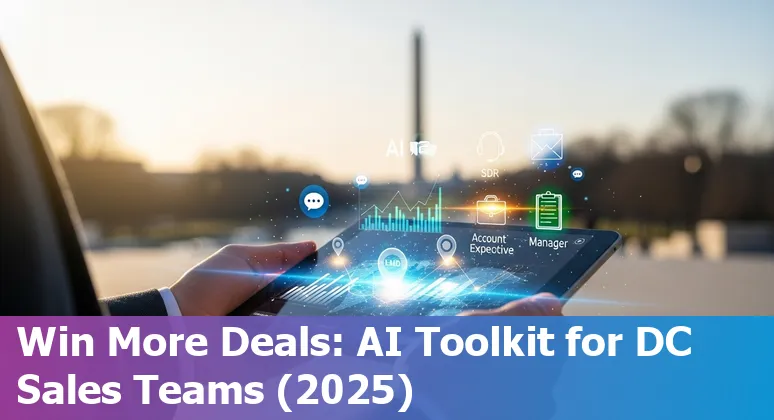 Illustration of sales professionals using AI tools like Gong, Clari, Outreach, and HubSpot in a Washington DC office setting