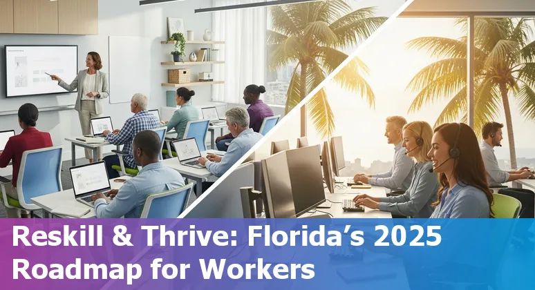 Businessperson and AI chatbot concept with West Palm Beach, Florida skyline — customer service and reskilling 2025