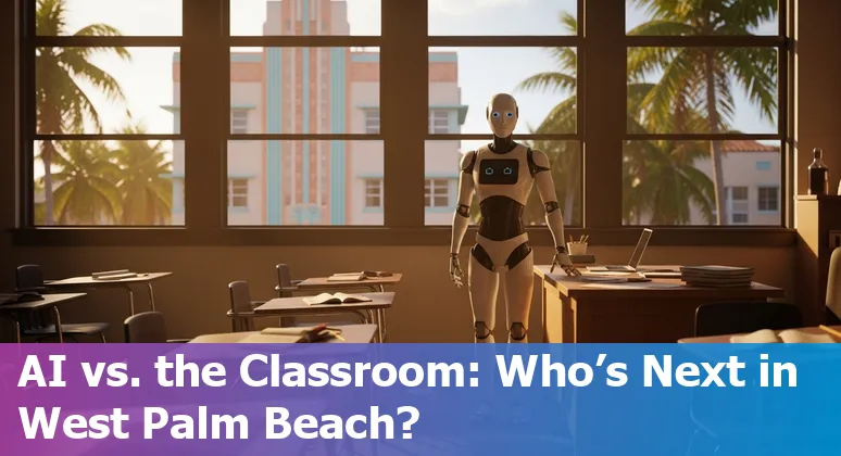 West Palm Beach educators adapting to AI: office clerk with laptop, school building, and training icons.