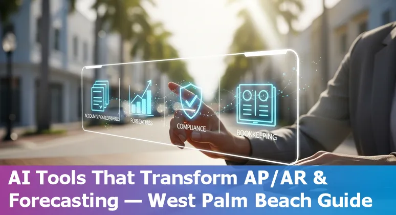Collage of AI tools and finance icons over a West Palm Beach skyline, showing spreadsheets, invoices, and servers.