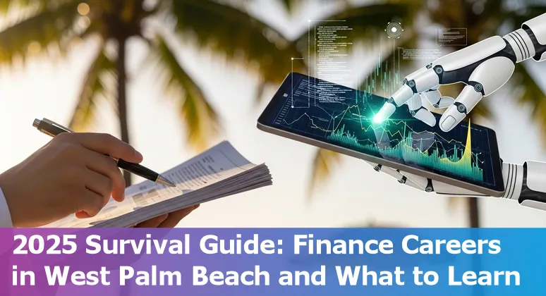 Finance professional using AI tools with a West Palm Beach, Florida waterfront skyline in the background