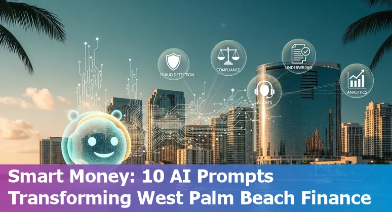 Illustration of AI icons overlaid on West Palm Beach skyline with banking and finance symbols.