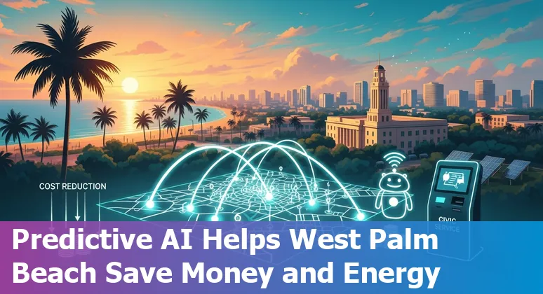West Palm Beach, FL city hall with AI icons showing chatbots, analytics, and energy savings