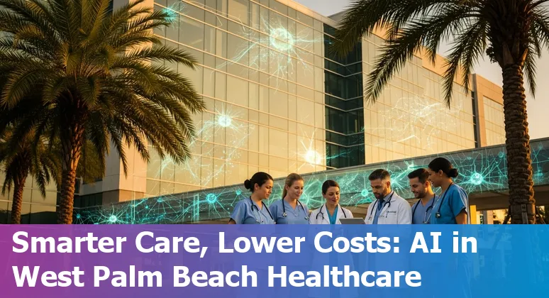 Healthcare team using AI dashboard in West Palm Beach, Florida hospital, showing cost and efficiency metrics.