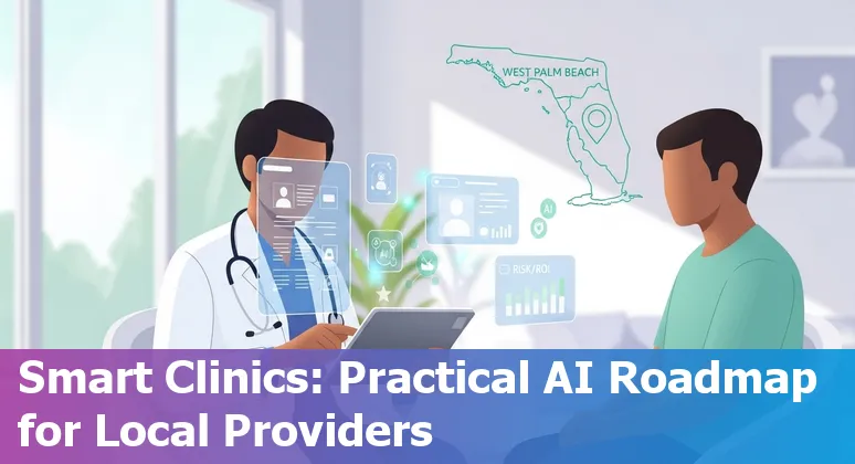 Healthcare AI concept showing West Palm Beach, Florida skyline with medical icons representing AI, telehealth, and diagnostics