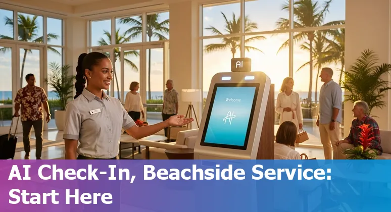 Hotel lobby with AI kiosk and palm trees, showing AI in West Palm Beach hospitality, Florida in 2025