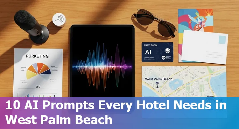 West Palm Beach hotel lobby with AI icons overlay representing concierge chat, podcasts, local SEO, and revenue charts.