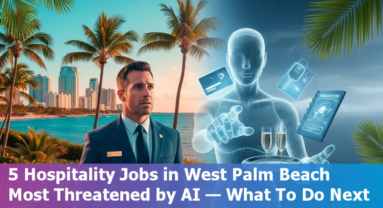 Hotel front desk agent using a tablet while AI chatbot handles online reservations in West Palm Beach hotel lobby