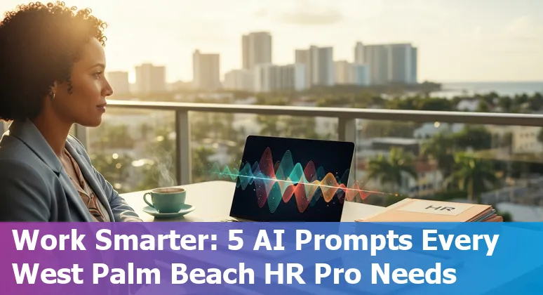 HR professional using AI prompts on laptop to draft benefits summary and open enrollment messages in West Palm Beach office