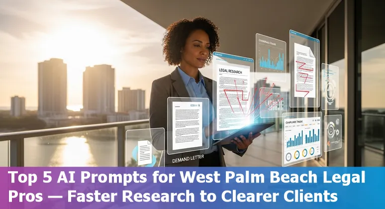 Lawyer using AI on laptop in West Palm Beach office with courthouse visible; top 5 AI prompts listed on screen.