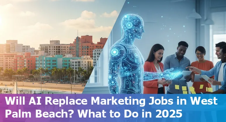 Illustration of AI and marketing careers in West Palm Beach, Florida with Palm Beach skyline