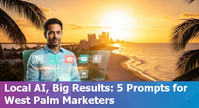 Marketing professional using AI prompts on a laptop with a West Palm Beach skyline in the background.