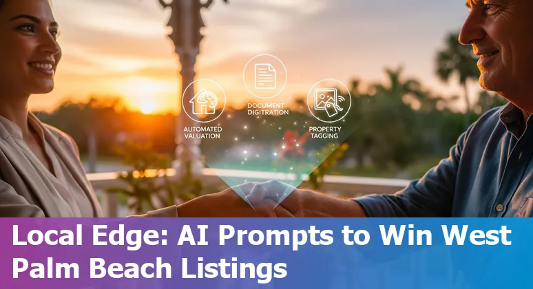 West Palm Beach waterfront real estate with AI icons representing valuation, listings, and maintenance
