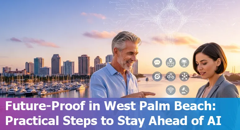 Real estate agent using AI tools on a laptop in West Palm Beach with skyline in background.