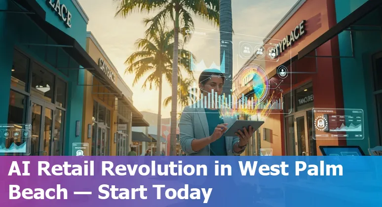 AI in retail guide cover image showing CityPlace in West Palm Beach, Florida with AI icons and Quantum Beach 2025 logos