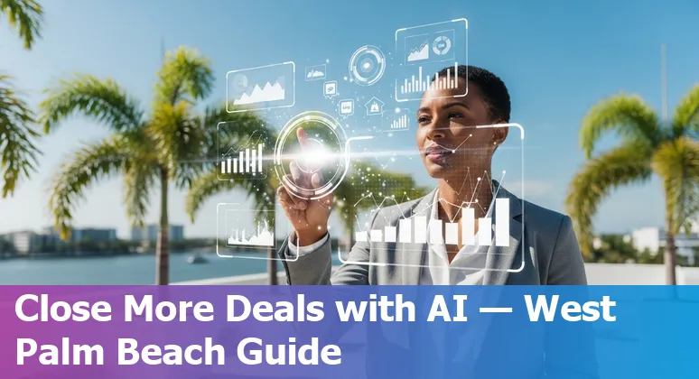 Collage of AI sales tools logos and West Palm Beach skyline representing sales tech for 2025.