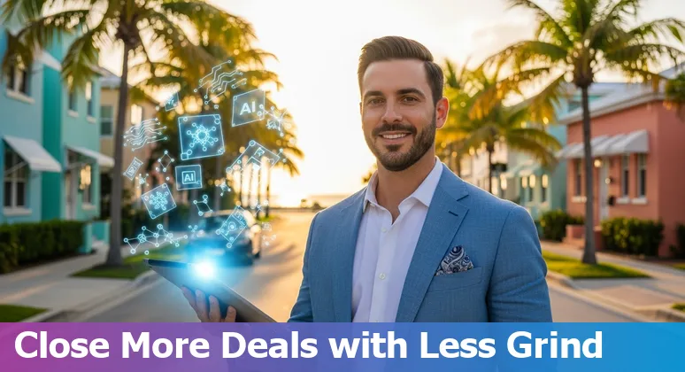 Real estate agent using AI prompts on laptop with West Palm Beach waterfront background