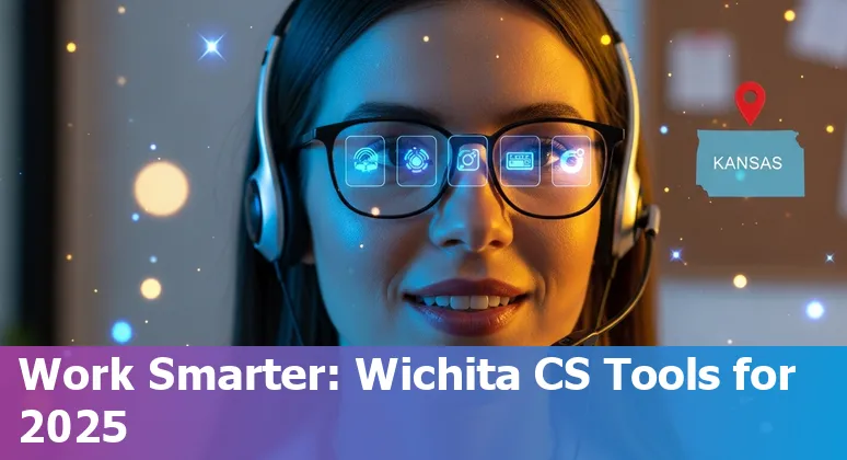 Customer service agent using AI prompts on laptop with Kansas skyline in background