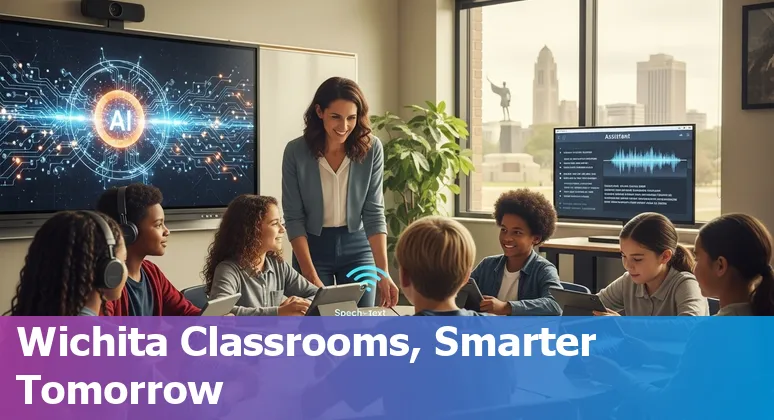 Teacher using AI tools on a laptop with Wichita Public Schools logo and classroom in background