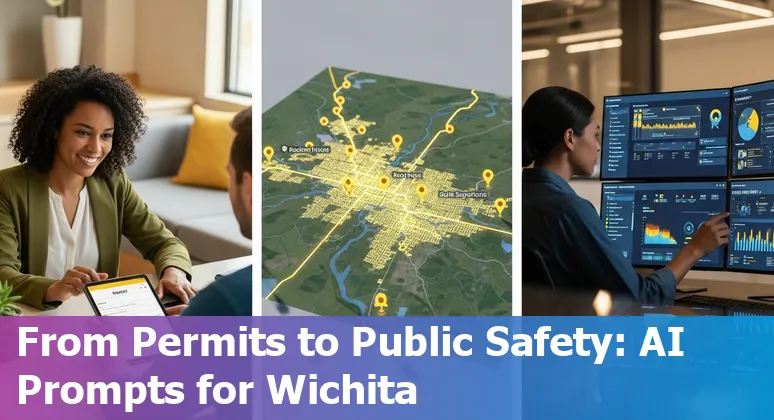 Wichita city hall and map with AI icons representing chatbots, analytics, GIS, and automation
