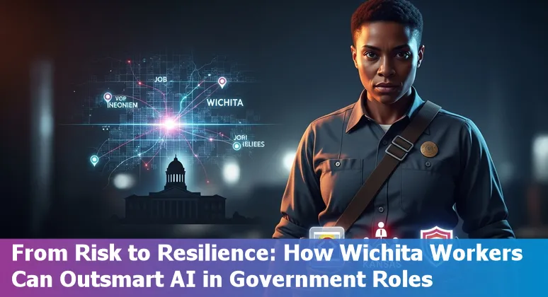 Wichita city hall worker using AI tools on a laptop with city skyline in background