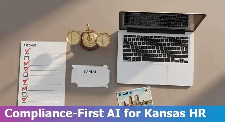 Wichita, Kansas HR professional reviewing AI tools on a laptop with local skyline in background