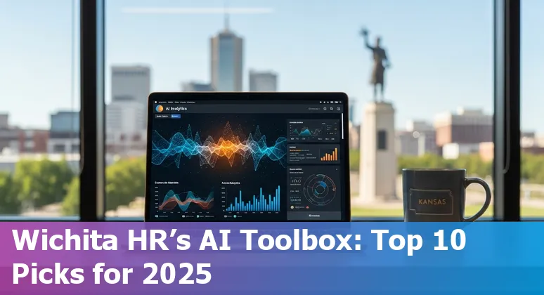 Wichita HR professionals using AI tools on laptops, city skyline in background
