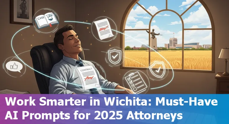 Attorney in Wichita using AI-powered prompts on a laptop to draft legal documents with Kansas courthouse in background