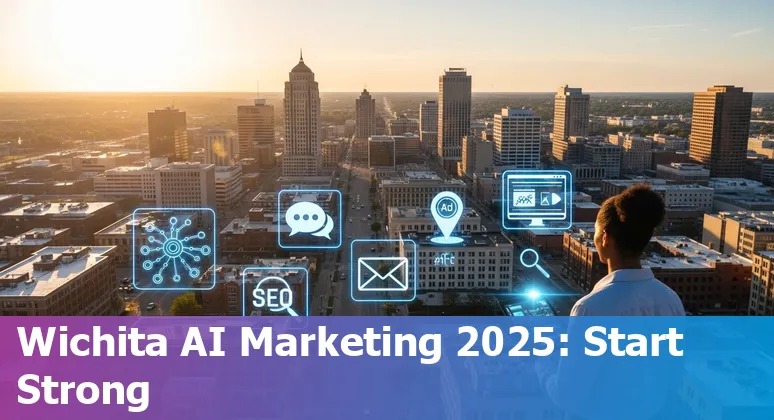 Marketing professional using AI tools to optimize local campaigns in Wichita, Kansas skyline in background