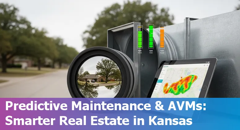Wichita, Kansas skyline with AI icons showing smart HVAC, virtual tours, AVMs, and tenant chatbots