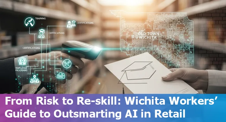 Retail worker using tablet while AI chatbot assists at a Wichita store counter