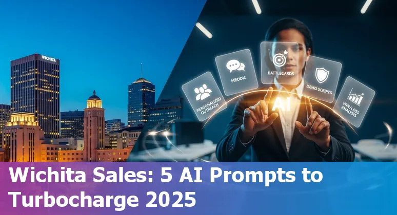 Wichita sales team using AI prompts on laptop with local skyline and aviation industry icons.