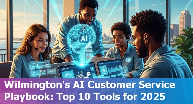 Customer service agents in Wilmington using AI tools on laptops with the Port of Wilmington in the background