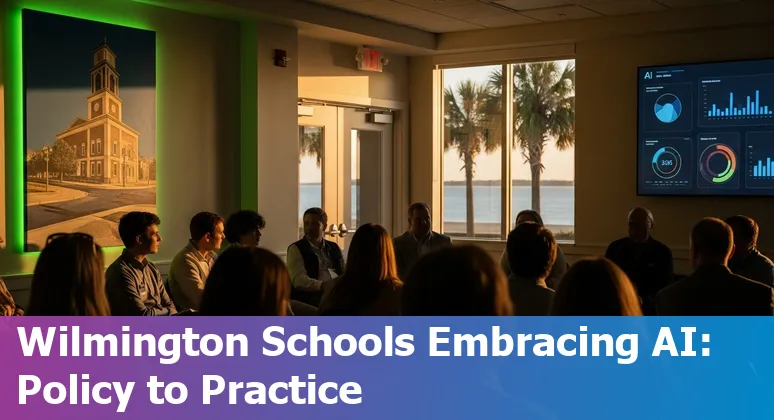 Educators using AI tools in a Wilmington, North Carolina classroom with UNCW campus visible in the background.