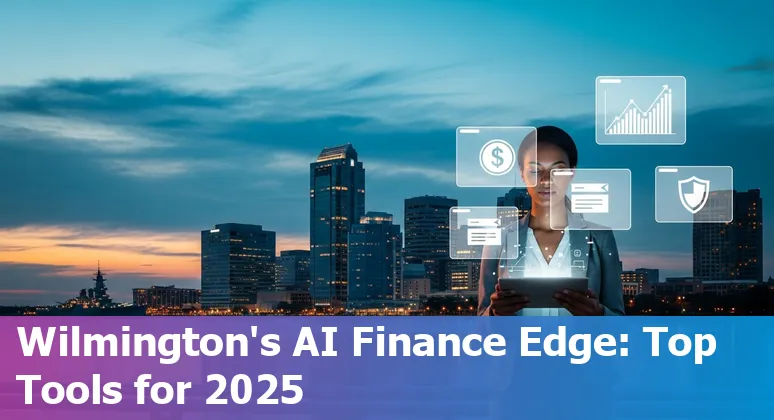Collage of AI finance tools icons over Wilmington, NC skyline with finance charts and spreadsheets